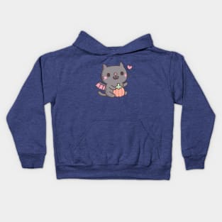 Cute Vampire Cat With Bat Wings With Pumpkin Kids Hoodie